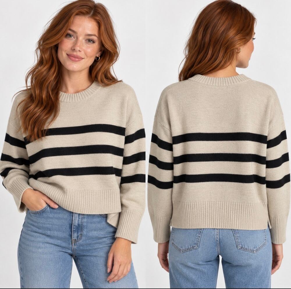 Bershka Women’s S Cream Black Striped Knit Sweater Crewneck Ribbed
